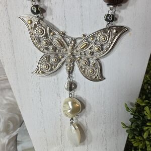 Large Silver Butterfly Pearl Drop Necklace with Gold Accents - Women Jewelry